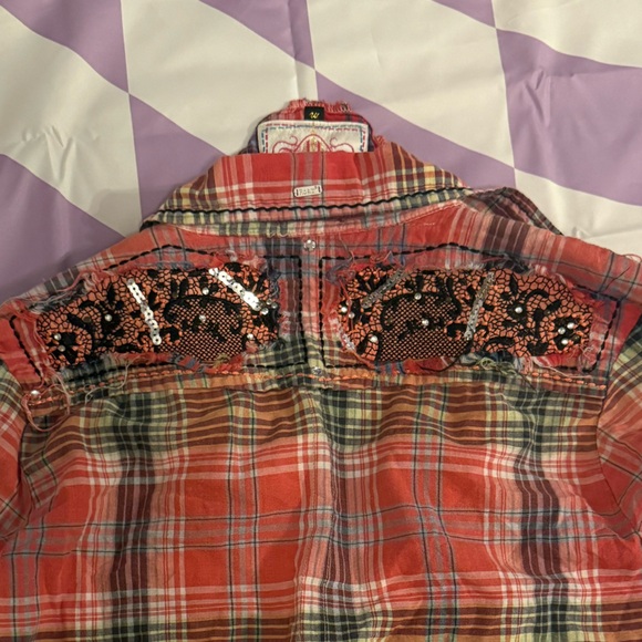 ROAR “Destined To” Western Plaid 3/4 sleeve- Lace & Crystals - Size M - Picture 5 of 11